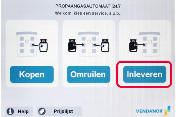 Button 'inleveren' op startscherm gasflessenautomaat