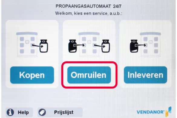 Button 'omruilen' op startscherm gasflessenautomaat