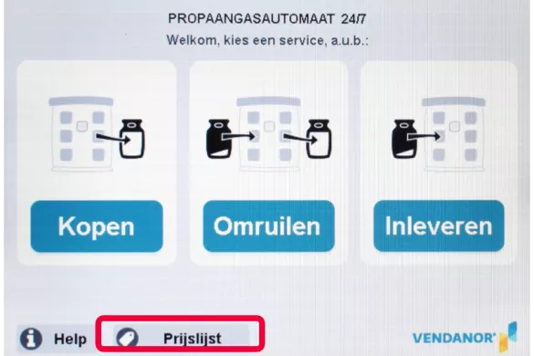 Button 'prijslijst' op startscherm gasflessenautomaat